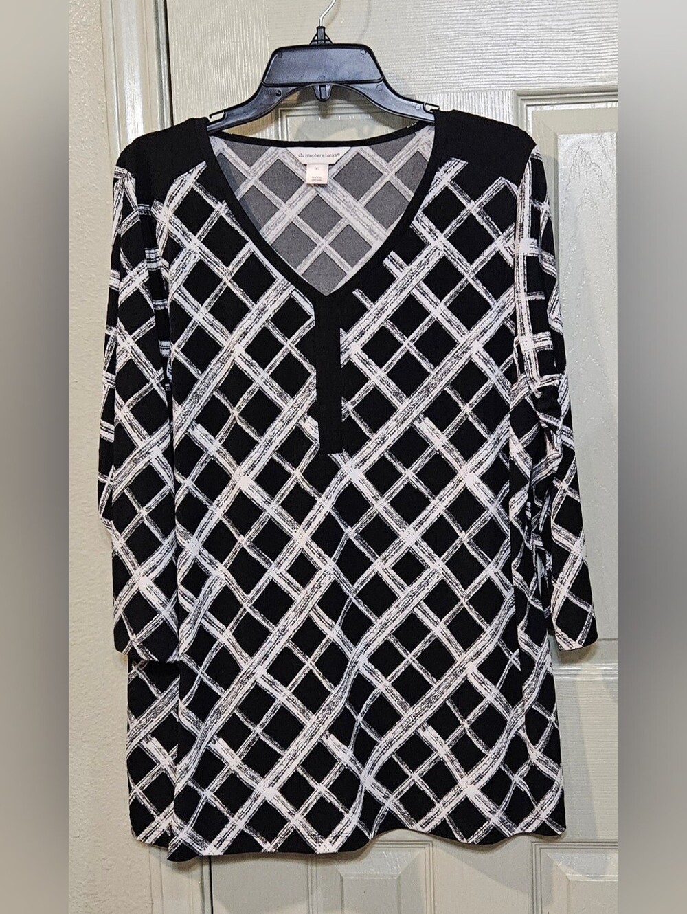 Christopher & Banks Black and White V-Neck Lattice Tunic